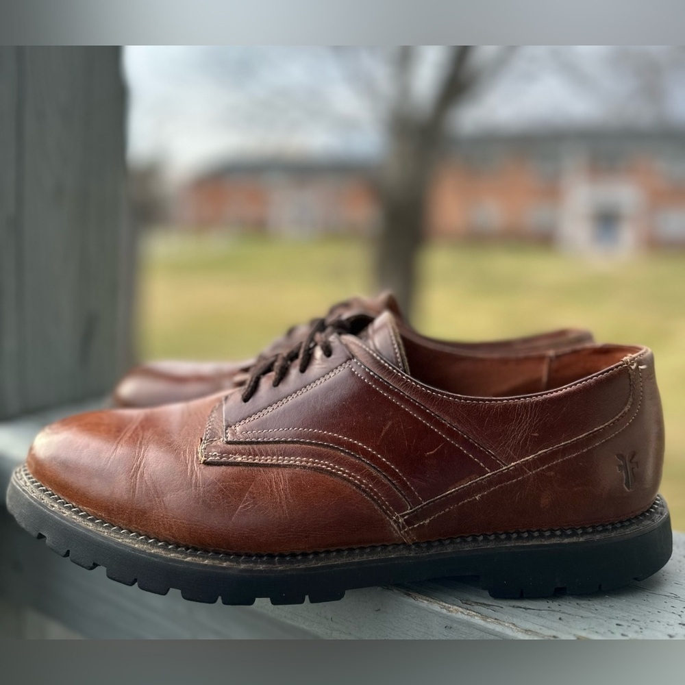FRYE 11 Rutland Brown Genuine Leather Oxford Shoes Men Lug Sole Lace Up Heritage